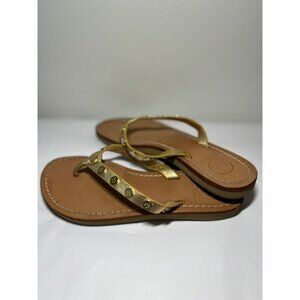 Tory Burch Ricki Logo Studded Gold Leather Flat Thong Flip Flops Sandals‎ Size 6
